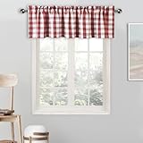 Amzdecor Red White Buffalo Plaid Valance Linen Sheer Cafe Curtain Buffalo Check Plaid Rod Pocket Rustic Farmhouse Kitchen Window Treatment for Living Room Bedroom,1 Panel, 55''x15'',Burgundy and White