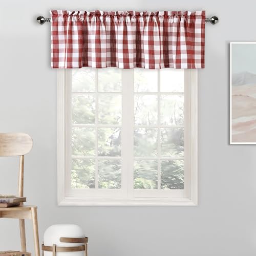 Amzdecor Red White Buffalo Plaid Valance Linen Sheer Cafe Curtain Buffalo Check Plaid Rod Pocket Rustic Farmhouse Kitchen Window Treatment for Living Room Bedroom,1 Panel, 55''x15'',Burgundy and White by Amzdecor - Used condition - US$8.32