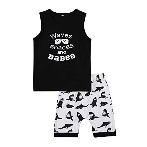 Kids Toddler Baby Boy Summer Outfit Sleeveless Wave Shades and Babes Tank Top Shark Shorts Pants 2PCS Clothes Set (Black+Shark, 6-12 Months)