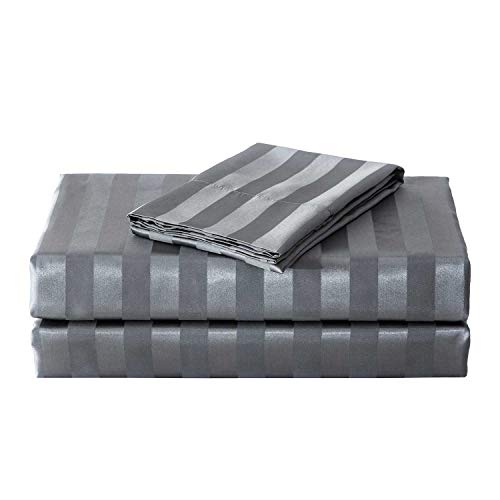 Image of Lanest Housing Satin-Silk Sheets Full Size Bed Set, Dark Grey Soft Cooling Deep Pocket Sheets, Hypoallergenic, Wrinkle and Fade Resistant Bedding Set, Striped