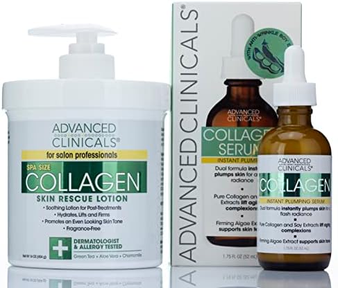 Advanced Clinicals Collagen Cream + Collagen Serum 2PC Set Bundle | Face Serum & Body Cream Moisturizer Lotion Plumping Skin Care Set & Kits For Wrinkles, Uneven Skin Tone, & Dry Skin, Fragrance Free