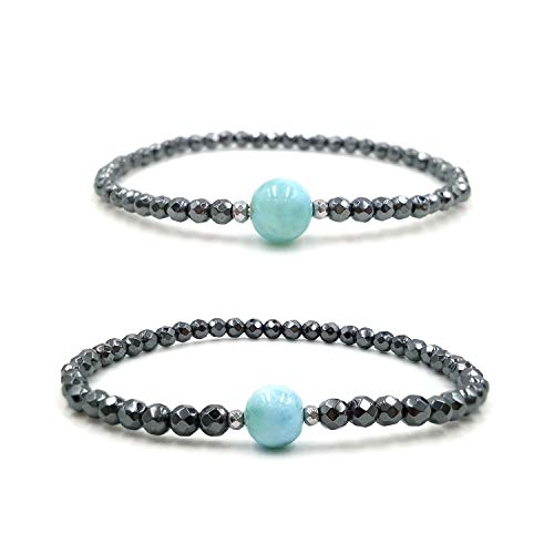 Natural Dominican Blue Green Larimar Hematite Beads 2pcs