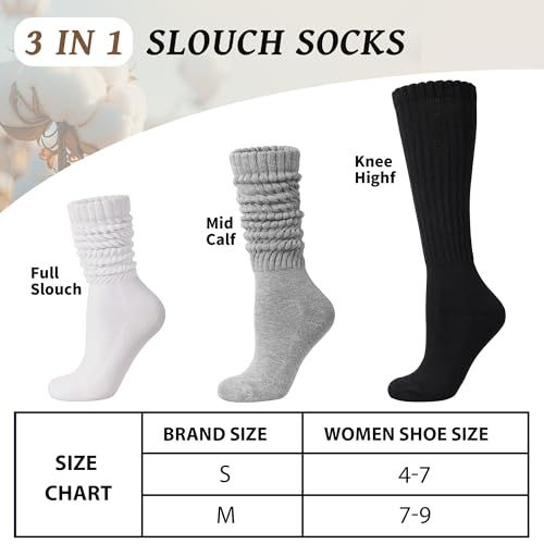 Women's Slouch Socks Long Boot Scrunch Sock Soft Cotton Knit Cozy Socks 3 Pairs3