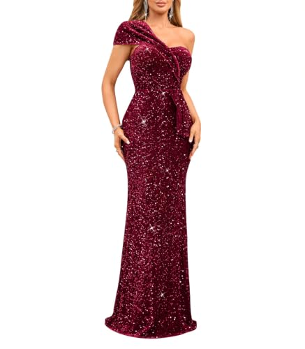 Image of Cololura Women Sequin One Shoulder Mermaid Formal Maxi Dress Evening Gown