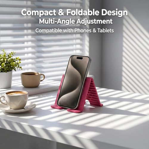 Adjustable Foldable Silicone Phone Stand, Rose Red, with Charging Port, Non-Slip Desk Holder for iPhone, Samsung, Tablets — view 6