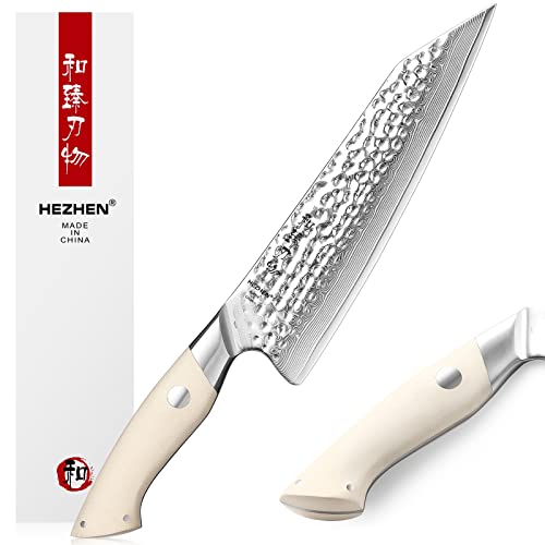 HEZHEN 21,5CM Cuchillos de Cocinero, 67 Capas de Acero de Damasco Cuchillo de Cocina,Estilo Japonés Acabado Martillado Cuchillos Carne, Mango G10 Blanco Marfil Accesorios de Cocina Cover