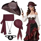 Bryndo 5PCS Pirate Costume Accessories for Adults – Hat Headscarf Sash Belt Eye Patch Anchor Necklace Fancy Dress for Halloween Pirate Role Play Party