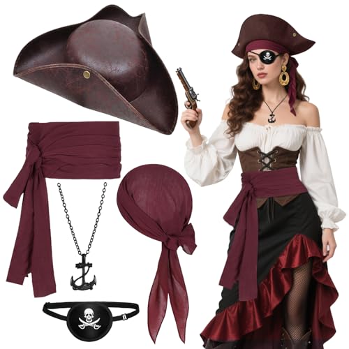 Bryndo 5PCS Pirate Costume Accessories for Adults Hat Headscarf Sash Belt Eye Patch Anchor Necklace Fancy Dress for Halloween Pirate Role Play Party