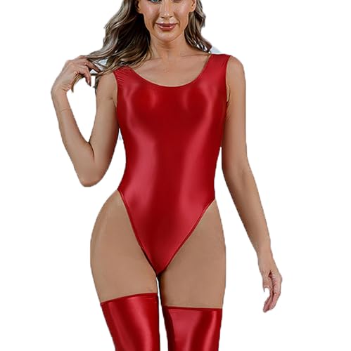 Women's Oil Shiny Swimsuit, Sexy Sleeveless Crewneck Teddy Bodysuit Fashion Exotic Bodycon Lingerie for Club Party Red