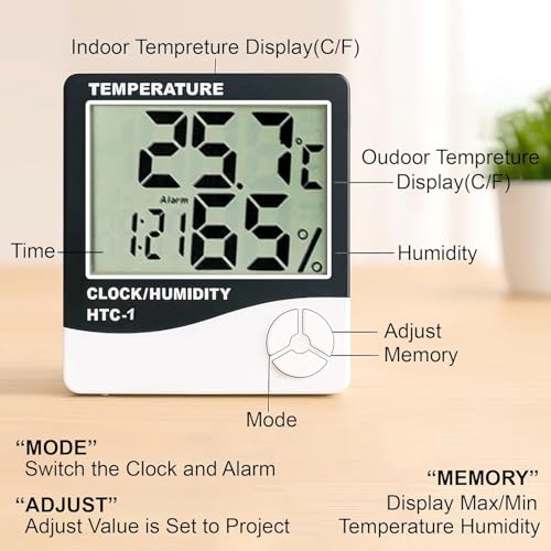 Image of HTC-1 Digital Wall Clock Hygrometer Thermometer with Humidity Meter - Accurate Indoor Sensor, LCD Display, Real-Time Monitoring for Home & Office