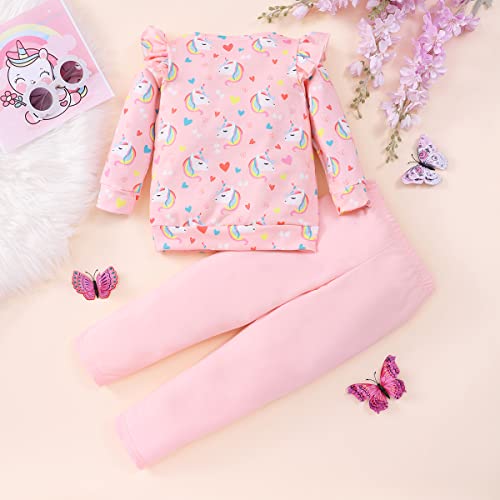 Image of Little Girls 2 Piece Outfits Ruffle Sleeve Unicorn Sweatshirts Top and Leggings Set School Outfits Kids Clothing Set
