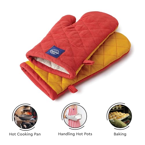 Encasa XO Heat Resistant Cotton Oven Gloves Mitts (2 Pc Set) - Quilted & Safe 17x29 cm - For Kitchen, Cooking & Baking, Grilling, Handling Hot Pots & Pans - Mango - Image 6