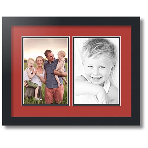 ArtToFrames Collage Photo Frame Double Mat with 2-6x9 inch Openings with Black Frame and Deep Red Top Mat