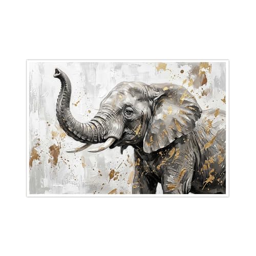 Image of Elephant Canvas Wall Art Grey and White Abstract Animal Oil Painting with Gold Accents Modern Wildlife Pictures Posters for Living Room Bedroom Home Office Wall-12x18inch(30x45cm)-Unframe-style
