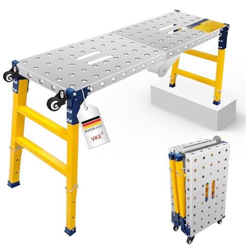 VKE Plataforma de Trabajo de Chapa Galvanizada, 500 KG de Capacidad de Carga, Andamio Portátil, Patas Antideslizantes, Escalera Andamio Plegable con 4 Ruedas Universales, Regulable en Altura