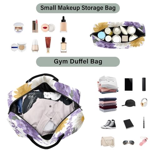 White Daisies and Purple Flowers Travel Duffle Bag, Large Weekender Overnight Bags for Women Men Waterproof Carry on Shoulder Tote Bags for Hospital Maternity Mommy Gym with Toiletry Bag4