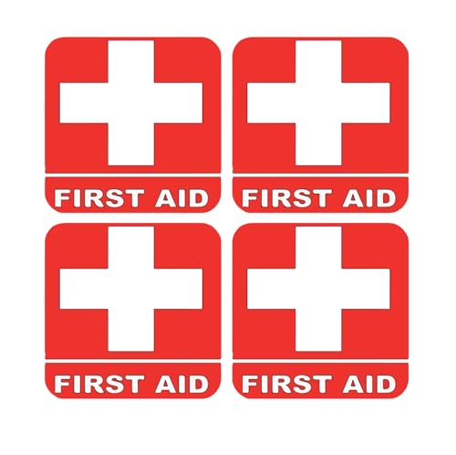 Image of First Aid Kit Sticker Sign - (4) Self Adhesive Decal 3.5 inchx3.5 inch - for Car, Office, or Business Emergency First Aid Kit Sign