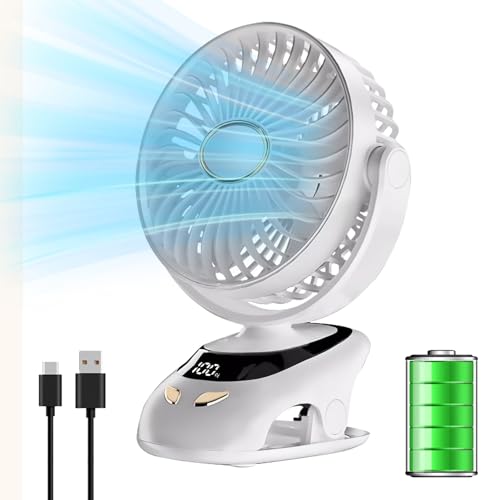 Image of voltmi Clip-On Desk Fan with 3000mAh Battery | Type-C Rechargeable, 5-Speed, Digital Display | 6-Inch Blade, 90 Adjustable, Night Light | Table & Bed Fan for Home & Office | White