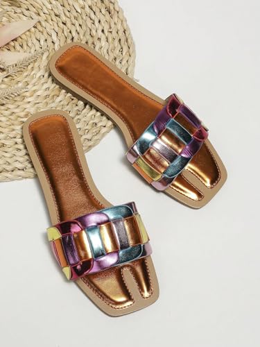 Image of GORGLITTER Women's Colorful Sparkly Multi Colored Summer Slip Flat Sandals | Colorful Flat Sandals, Leather Sandals, Slip on Sandals Women, Multi Colored Sandals, Summer Sandal