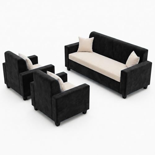 Image of FURNY QualityWood 3 Seater + 1 Seater + 1 Seater Fabric Sofa Set (Cream-Black) with Velvet Finish | Durable Comfort | Ideal for Living Room
