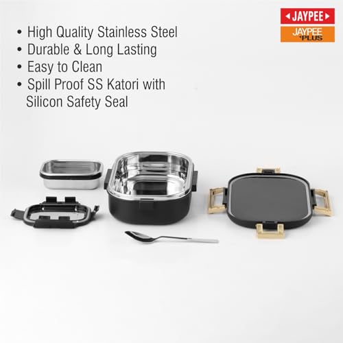 Image of JAYPEE Lux PU Insulated Stainless Steel Lunch Box for School Kids|Airtight Leakproof Lunch Box for Kids Boys & Girls |Unique Design 100% Food Grade |Lunch Box for Office use,580 ml, Black