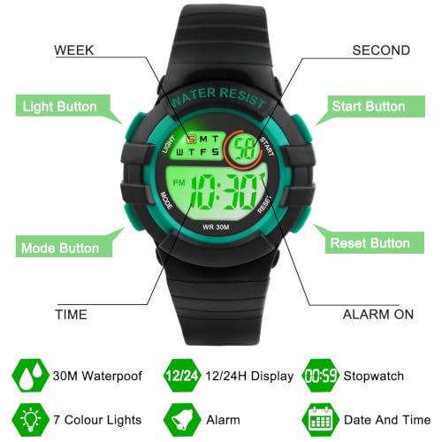 Image of Juboos Kid's Digital Watch for Boys and Girls, Waterproof LCD Digital Sports Kids Watch with 7 Color LED Lights, Stopwatch, Alarm