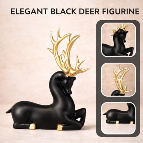 Image of ARMONIA Black Reindeer Figurine with Gold-Toned Antlers Seated Decorative Statue in Lightweight & Durable Design | Luxury Home Decor Accent & Perfect Gifting, Figurine for Home Decor Gift,Housewarming
