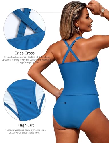 Image of ZAFUL Tankini Swimsuits for Women 2025 Tummy Control Two Piece Bathing Suits Ruched Tankini Tops Swimwear Royal Blue XL