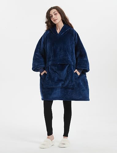 Image of KFUBUO Wearable Blanket Hoodie for Adults With Pocket Navy | Sherpa, Fuzzy Blanket Hoodie, Oversized Sweatshirt Blanket, Kangaroo Pouch, Gifts for Mom, Cute Stuff