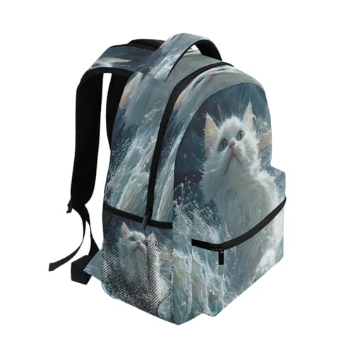 White Cat Water Kitten Animal Backpack for School Boys Girls Adults Kids Bookbag Laptop Bag 18L2