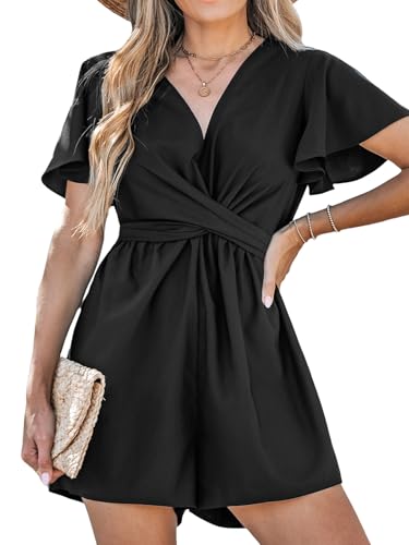 CUPSHE Damen Jumpsuit Tiefer V-Ausschnitt Strampler Kurze Flatterärmel Weite Beine Geknoteter Overall Sommer Strand Play...