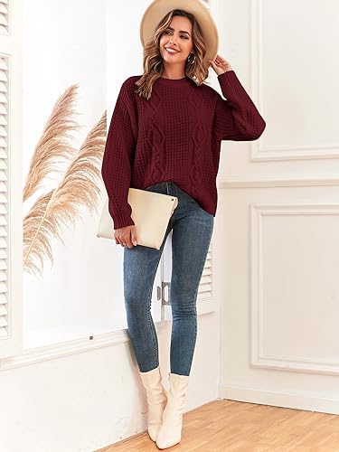 Image of ZAFUL Womens Sweater Cable Knit Oversized Sweaters Crewneck Long Sleeves Casual Knit Pullover Tops