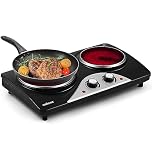 CUSIMAX Electric Hobs, 2100W Electric Hot Plates for Cooking Infrared Double Hot Plate, Portable Double Hob with Temperature Control & Crystallite Glass Plates, Black Stainless Steel Easy to Clean
