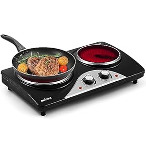 CUSIMAX Electric Hobs, 2100W Electric Hot Plates for Cooking Infrared Double Hot Plate, Portable Electric Hob with Temperature Control & Crystallite Glass Plates, Black Stainless Steel Easy to Clean
