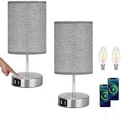 Lamparas De Mesita De Noche Gris Lightess 2 Piezas Lámpara de Mesa Táctil Control Lámpara Mesita de Noche LED Regulable Pantalla de Tela Gris Lámpara Sobremesa 2 Puertos USB para Dormitorio, Habitación de Bebé, Incluye Bombillas
