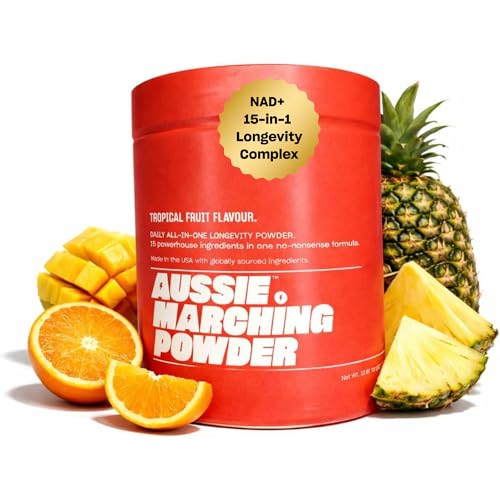 Aussie Marching Powder - Anti Aging Supplement & Longevity Mix, Nicotinamide Riboside (NR) NAD+ Support with CoQ10, Creatine & L-Theanine, Tropical Flavor Longevity Supplement Powder