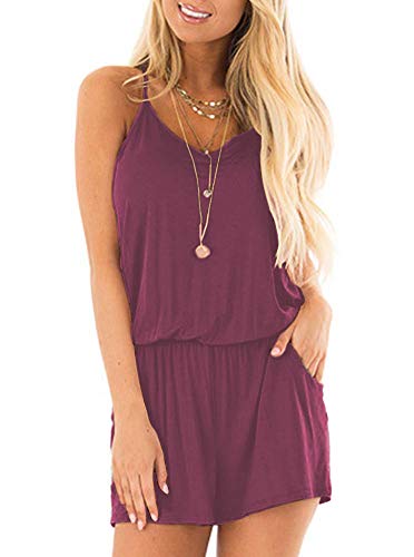 Misfay Womens Summer Loose V Neck Spaghetti Strap Short Jumpsuit Rompers (L, Mauve) #TOP24