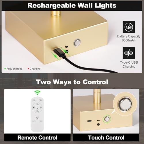 Image of Battery Operated Wall Sconce, 3000K-6000K Dimmable Gold Wall Lights with Remote Control, Timable LED Wireless Wall Sconces, 350 Ratate for Bathroom, Living Room, Hallway 29.1 Inch 1 Pack