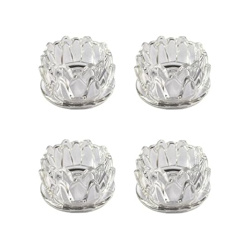 Set of 4 Clear Glass Tealight Candle Holders, Elegant Lotus Design, Suitable for 4CM Diameter Tealights Candles