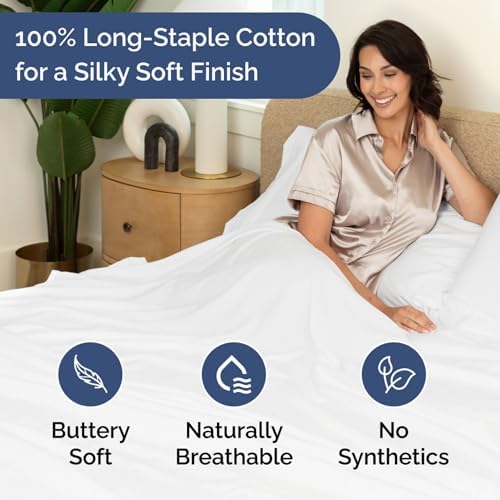 Queen 400 Thread Count 100% Cotton Flat Sheet - Comfortable, Cooling & Breathable Cotton - Top Flat Sheet Only - Luxury Hotel Quality Bedding - Extra Soft and Comfy - Easy Care, Wrinkle Free - White