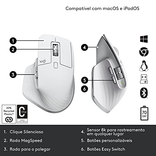 Mouse sem fio Logitech MX Master 3S com Sensor Darkfield para Uso em Qualquer Superfície, Design Erg