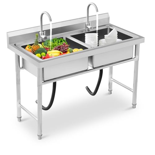 Loccdaok Free Standing Commercial Stainless Steel Double Bowl Utility Sink ...