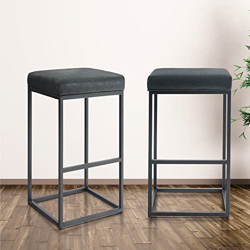 Alpha Home 30" Bar Stool Counter Height Bar Stools With Footrest Pu Leather Backless Kitchen Dining Cafe Chair With Thick Cushion & Sturdy Chromed Metal Steel Frame Base For Indoor Outdoor,Black,2Pc #TOP7