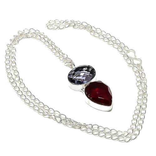 VACHEE Red Dyed Ruby, Iolite Quartz Multi-Stone Handmade Chain Pendant 2' Long For Women 925 Sterling Silver Plated Jewelry From 5771