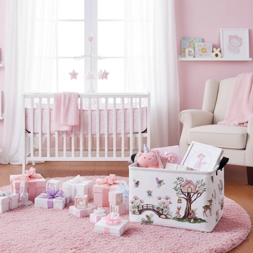 Image of Kid Cute Rectangle Storage Basket Baby Toy Clothes Storage Bin Nursery Playroom Bedroom Decor Basket (Pink Tree House Flower Fairy)