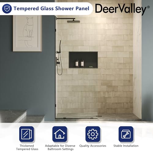 Image of DeerValley 32 inchx78 inch Frameless Shower Glass Panel, Matte Black | 3 /8'' Thick Tempered Glass, Stainless Steel Clamps, Reversible Installation, Easy to Clean