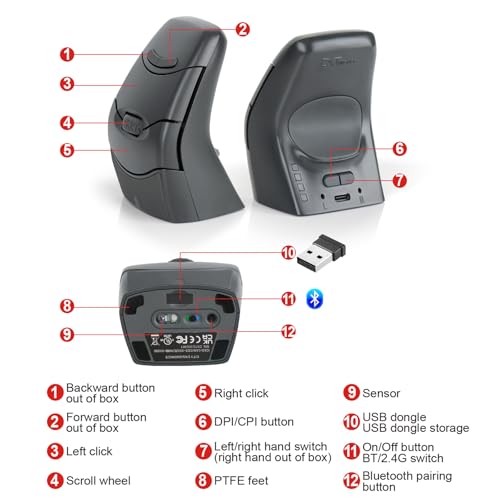 Ratón inalámbrico ergonómico vertical recargable DXT gris con Bluetooth y 2.4G 5