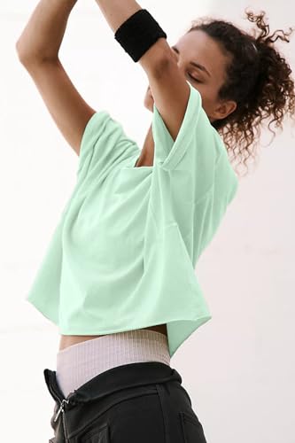 Image of HUGOOME Womens Oversized Workout Crop Top Casual Short Sleeve Boxy Roll Hem | Basic Half Split Sleeve Drop Shoulder Loose Yoga Running Gym Tee Cropped T-shirt Solid Trendy Relaxed Daily Tee