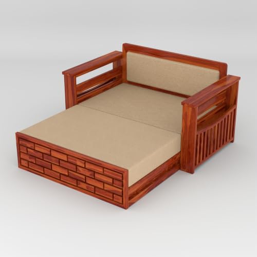 Image of Solid Sheesham Wood Sofa Cums Bed with Mattress & Storage | Rosewood Convertible Sofa Bed for Living Room & Bedroom (E-Honey, 2 Seater)