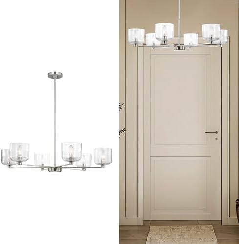 Scott Living 6-Light Lochdale Modern Chandelier in Brushed Nickel Finish with Clear Ribbed Shade DJC1216BS, Modern Chandelier That Enhances Farmhouse Decor and Room Decor in Living and Dining Areas